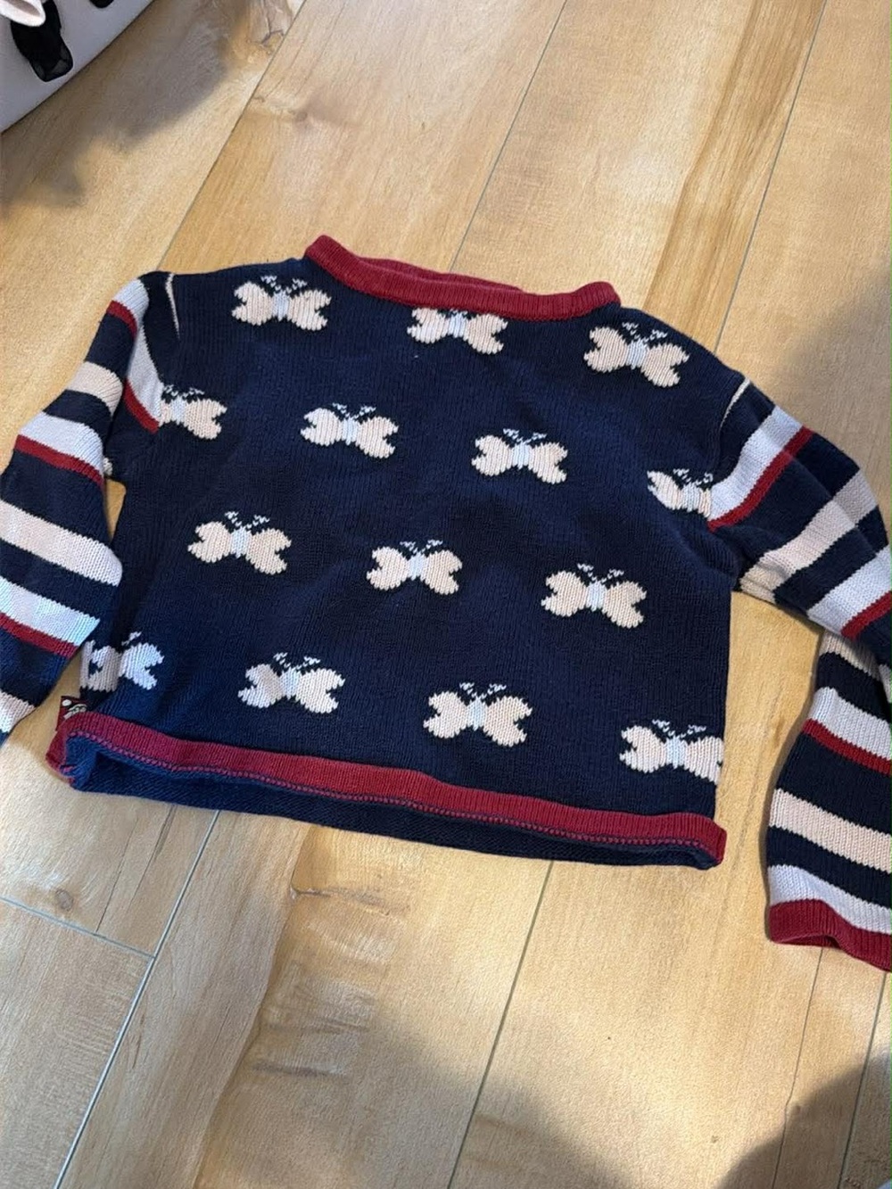 Navy Butterfly Pattern Womens Sweater with Stripe SleevesVINTAGE